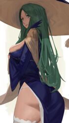 1girls alternate_costume ass back back_view bangs big_ass big_breasts blue_dress breasts dress female fire_emblem fire_emblem:_three_houses fire_emblem_heroes forehead green_eyes green_hair halloween halloween_costume hartman_hips hat highres j@ck large_ass large_breasts long_green_hair long_hair long_sleeves looking_at_viewer looking_back nintendo official_alternate_costume panties parted_bangs rhea_(fire_emblem) rhea_(halloween)_(fire_emblem) solo underwear white_panties wide_sleeves witch witch_hat