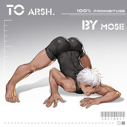 1boy abstract_background ass ass_up back clenched_teeth clothed gay jack-o_pose jackochallenge male male_only meme mosilll red_eyes skin_tight solo top-down_bottom-up white_hair