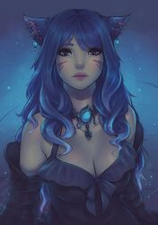 2016 black_hair blue_background blue_eyes blush breasts cleavage detached_sleeves earrings facial_mark female female_only final_fantasy final_fantasy_xiv jewelry long_hair matching_hair/eyes miqo'te mole mole_under_eye multicolored_hair necklace solo soranamae two-tone_hair