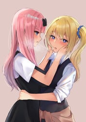 2girls :d absurdres after_kiss bangs blonde_hair blue_eyes blue_scrunchie blush blushing bow breasts clothes_around_waist collared_shirt commentary_request eyebrows_visible_through_hair female female_only from_side fujiwara_chika hair_ornament hair_scrunchie hands_on_another's_cheeks hands_on_another's_face hands_on_another's_hips hayasaka_ai heart heart-shaped_pupils highres hug human kaguya-sama_wa_kokurasetai_~tensai-tachi_no_renai_zunousen~ large_breasts long_hair long_sleeves looking_at_viewer multiple_girls one_side_up open_mouth pink_hair poisonousgas profile saliva saliva_trail school_uniform scrunchie shirt shuuchiin_academy_uniform side_ponytail sidelocks simple_background skirt smile summer_uniform sweater sweater_around_waist symbol-shaped_pupils vest white_shirt yuri