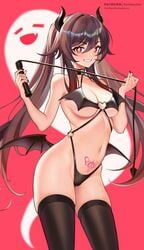 1girls alternate_costume bangs bat_wings black_legwear black_nails blush breasts brown_hair cowboy_shot demon_horns demon_tail demon_wings female genshin_impact ghost grin hair_between_eyes halloween highres holding holding_whip horns hu_tao_(genshin_impact) lingerie long_hair looking_at_viewer medium_breasts nail_polish navel pantheon_eve patreon_username red_background red_eyes revealing_clothes skindentation smile solo star-shaped_pupils star_(symbol) stomach_tattoo symbol-shaped_pupils tail tattoo teeth thighhighs twintails underwear very_long_hair whip wings