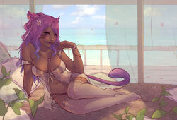 1girls 2017 animal_ears areolae bed blue_eyes breasts cat_ears cat_tail cleavage dark-skinned_female dark_skin facial_mark final_fantasy final_fantasy_xiv hair_flower hair_ornament jewelry lingerie long_hair looking_at_viewer miqo'te navel necklace ocean open_door panties purple_hair see-through sitting slit_pupils solo soranamae strap_slip tail thighhighs underwear