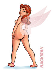 1girls ass curly_hair disney disney_fairies fairy fairy_wings female female_only green_eyes hackman looking_back nipples pointy_ears red_hair rosetta_(disney_fairies) sandals solo solo_female white_background wings