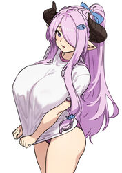 butterfly_hair_ornament draph_race_(granblue_fantasy) granblue_fantasy horn horns houtengeki huge_breasts long_hair narmaya_(granblue_fantasy) one_eye_covered one_eye_obstructed pink_hair pink_shirt pointy_ears ponytail purple_hair purple_panties tagme white_background white_shirt