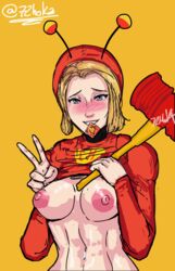 72hoka abs antennae blue_eyes blush breasts chapulin_colorado_(cosplay) condom condom_in_mouth condom_wrapper cosplay el_chapulin_colorado fortnite fortnite:_battle_royale hammer peace_sign