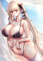 1girls azur_lane bikini blonde_hair eyebrows_visible_through_hair female female_only formidable_(azur_lane) giant_breasts huge_breasts ibara_azuki_(azk_ibr2nd) light-skinned_female light_skin looking_at_viewer red_eyes royal_navy_(azur_lane) solo tagme thick_thighs thighhighs