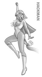 boots cape dc female grimace hackman leotard leotard_pull monochrome one_arm_up pop_out power_girl short_hair solo tentacle wedgie