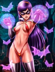 cosplay disney female foxyart mask medium_breasts monochrome partially_visible_vulva pixar smooth_skin solo tagme the_incredibles thighhighs vampirella_(cosplay) violet_parr