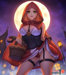 1girls 2021 alternate_version_available artist_signature basket blonde_hair breasts breath_of_the_wild cape cosplay female female_focus female_only garter_straps green_eyes halloween holding_object hood hood_up hylian large_breasts little_red_riding_hood little_red_riding_hood_(cosplay) long_ears moon mystra77 nail_polish night nintendo outdoors panties pantyshot pointy_ears princess princess_zelda red_cape red_nails red_panties royalty short_hair short_skirt skirt_lift solo tears_of_the_kingdom the_legend_of_zelda thighhighs triforce zelda_(tears_of_the_kingdom)