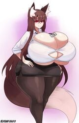 alphaerasure animal_ears animal_tail ass breasts brown_hair button_gap cleavage giant_breasts hips huge_ass huge_breasts hyper hyper_breasts long_hair morgana_(alphaerasure) overflowing_breasts red_eyes skirt stockings tagme thick_thighs thighs thunder_thighs underboob very_long_hair watermark wide_hips