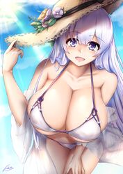 1girls azur_lane belly_button bikini blush breasts cleavage eyebrows_visible_through_hair female female_only hat huge_breasts ibara_azuki_(azk_ibr2nd) light-skinned_female light_skin looking_at_viewer open_mouth outdoors purple_eyes purple_hair rodney_(azur_lane) rodney_(future_seaside_admiral)_(azur_lane) royal_navy_(azur_lane) solo sun_hat tagme