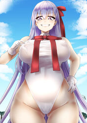 1girls bb_(fate) big_breasts busty cameltoe eyebrows_visible_through_hair eyes_visible_through_hair fate/grand_order fate_(series) female giant_breasts giantess gloves grin huge_breasts ibara_azuki_(azk_ibr2nd) light-skinned_female light_skin long_hair nipple_bulge nipples_visible_through_clothing outside palm_tree palm_trees sky smile smiling tagme teeth_showing thick v wide_hips