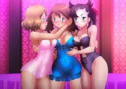 black_hair blonde_hair blue_eyes brown_hair bustier female_only green_eyes holding kissing lingerie marnie_(pokemon) may_(pokemon) pajamas pokemon pokemon_rse pokemon_ss pokemon_xy pout red_bow saliva_trail serena_(pokemon) yuri zel-sama