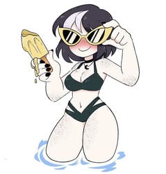 adjusting_eyewear adjusting_glasses adjusting_sunglasses artist_self-insert dyed_hair freckles goth jennlumm lumina_(jennlumm) popsicle self_insert sunglasses swimsuit tinted_eyewear