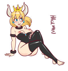 black_dress black_thighhighs blonde_hair blue_eyes blush bowsette bracelet breasts breasts_out earrings fangs female hackman horns large_breasts long_hair mario_(series) new_super_mario_bros._u_deluxe sitting solo super_crown thick_thighs white_background