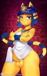 1futa 2021 animal_crossing ankha ankha_ride_(minus8) anthro blue_eyes blue_hair crossed_arms domestic_cat dress erection erection_under_clothing felid feline felis furry futa_focus futa_only futanari genitals highres intersex looking_at_viewer mammal michikochan nintendo patreon patreon_logo penis short_hair solo testicles text uraeus url