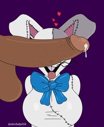 1boy alexbaby034 bedroom_eyes blue_bowtie can't_see_the_haters cant_see_the_haters cum eyelashes female five_nights_at_freddy's heart penis_covering_eyes penis_over_eyes purple_background rabbit rabbit_ears rabbit_teeth red_eyes straight these_aren't_my_glasses tongue_out vanny_(fnaf) watermark white_skin x-ray