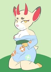 absurd_res animal_crossing anthro anthro_only anthrofied areola areolae better_version_at_source blue_clothing boobs breasts breasts_out cervid clothed clothing female half-closed_eyes hi_res horn horns kneeling lagomorph leporid looking_at_viewer looking_up mammal nintendo nipples orange_eyes red_ears red_horn red_inner_ear shino_(animal_crossing) smile smiling solo tan_body teeth tits two_tone_body two_tone_fur two_tone_skin video_games wide_hips