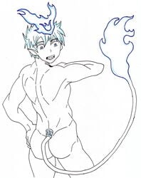 ao_no_exorcist armpits arms ass athletic athletic_male back_view backside biceps black_and_white blue_eyes blue_fire blue_flame blue_flames butt_crack completely_nude demon demon_boy demon_tail fangs fire furry_tail latin_tamer legs line_art looking_back looking_down male male_only monochrome muscles muscular_male naked naked_male nude_male okumura_rin pointed_ears rear_view shoulder_blades sketch solo_male surprised_expression tail teenage_boy teenager thighs uncensored