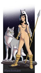 black_hair blue_eyes boots conan_the_barbarian_(series) eyelashes female_focus gloves hackman large_breasts lupalina spear wolf wolf_pelt yellow_eyes