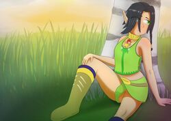 1futa accessories black_hair breasts bulge clothed clothing detailed_background elf elf_ears fully_clothed futa_only futanari green_eyes humanoid humanoid_penis jammpakked kameo kameo_elements_of_power light-skinned_futanari nature outdoors outside pale_skin panties pointy_ears short_hair sitting skirt solo_futa