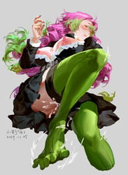 after_masturbation after_orgasm blush breasts breasts_out closed_eyes clothing curly_hair demon_slayer female female_only kanroji_mitsuri kimetsu_no_yaiba long_hair long_sleeves nipples on_back ono_dizi painting_(artwork) pink_hair pussy_juice solo thighhighs toe_curl toe_socks toes two_tone_hair wet_pussy