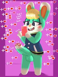 1boy 3:4 animal_crossing anthro balls big_penis bodily_fluids cellphone drooling femboy fur genitals green_body green_fur hi_res huge_cock lagomorph large_balls male male_anthro male_only mammal nintendo penis percey phone saliva sasha_(animal_crossing) solo solo_male throbbing video_games