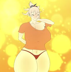 arm_behind_back arm_behind_head blonde_hair blush dragonbreaker embarrassed genshin_impact gold_eyes huge_breasts nipple_bulge orange_shirt red_panties t-shirt thick_thighs white_skin yoimiya_(genshin_impact)