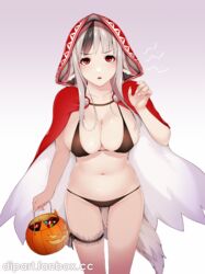 1girls alternate_costume angry bare_legs bikini black_bikini black_hair black_swimsuit breasts candy cape cleavage collarbone deep_skin dip_art fire_emblem fire_emblem_fates food grey_hair halloween hood large_breasts looking_at_viewer multicolored_hair nintendo open_mouth red_eyes sideboob solo swimsuit trick_or_treat velouria_(fire_emblem) wolf_girl