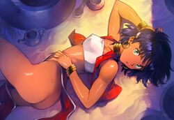 1girls 2021 ass bandeau breasts bubble_butt curvaceous dark-skinned_female dark_skin erect_nipples_under_clothes female female_only fushigi_no_umi_no_nadia gainax human large_ass large_breasts looking_at_viewer lying nadia_la_arwall no_panties optionaltypo pokies presenting princess purple_hair short_hair solo thick_thighs wide_hips