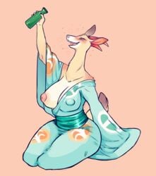 2021 alcohol animal_crossing anthro asian_clothing beverage big_breasts blush blushed blushing bodily_fluids bottle breasts bubble cervid clothed clothing digital_media_(artwork) drunk drunk_bubble east_asian_clothing eyelashes fangs female fingers froggiepaws fur half-closed_eyes hi_res holding_beverage holding_bottle holding_object horn inverted_nipples japanese_clothing kimono mammal narrowed_eyes nintendo nipple_slip nipples one_breast_out open_mouth partially_clothed pink_nose sake shino_(animal_crossing) simple_background sitting smile solo substance_intoxication sweat thick_thighs video_games white_body white_fur yellow_eyes