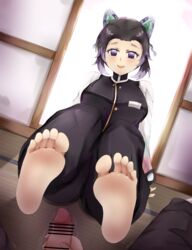 bar_censor barefoot butterfly_hair_ornament clothing dark_hair demon_slayer erection ethan_ppj_(artist) feet female female_focus foot_fetish foot_focus fully_clothed haori kamado_tanjirou kimetsu_no_yaiba kochou_shinobu looking_at_viewer male masturbation purple_eyes sitting smile soles tatami