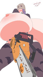 chainsaw giant_breasts gigantic_breasts halloween huge_breasts hyper hyper_breasts long_hair mnjs sack_on_head thighhighs