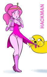 adventure_time boots crown dress hackman jake_the_dog large_breasts male open_mouth pink_dress pink_hair pink_skin ponytail princess_bubblegum shocked torn_clothes white_background