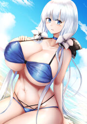 1girls ass azur_lane belly_button bikini blue_bikini blue_eyes breasts choker cute giant_breasts huge_breasts ibara_azuki_(azk_ibr2nd) illustrious_(azur_lane) light-skinned_female light_skin long_hair royal_navy_(azur_lane) tagme thick_thighs white_hair