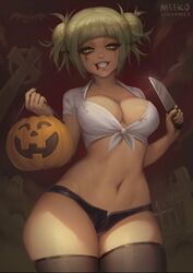 1girls bangs bat big_breasts bimbo black_nail_polish black_nails blonde_hair blood blood_from_mouth breasts choker cleavage clothed clothed_female curvy double_bun eye_contact female female_only graveyard halloween halloween_basket himiko_toga jack-o'-lantern knife large_breasts looking_at_viewer meekohopanes microshorts my_hero_academia nail_polish narrow_shoulders outdoors panties pantyshot pumpkin shiny_hair skimpy smile solo standing teeth thick_thighs thighhighs thighs thin_arms thin_waist thong tied_shirt tombstone voluptuous wide_hips yellow_eyes