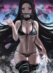 adult_swim alternate_costume ass_visible_through_thighs bikini black_bikini black_hair black_legwear choker cleavage d-han demon_slayer female female_only gag kamado_nezuko kimetsu_no_yaiba legwear long_hair looking_at_viewer medium_breasts purple_eyes realistic solo swimsuit thigh_gap thighhighs toonami underboob very_long_hair wide_hips