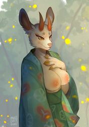 1girls absurd_res animal_crossing anthro areola asian_clothing big_nipples black_eyes boobs breasts cervid clothed clothing digital_media_(artwork) east_asian_clothing elegant exposed_breasts female female_only fur half-closed_eyes half-length_portrait hand_on_chest hi_res horn horns japanese_clothing kimono looking_at_another mammal mellonbun nintendo nipples portrait presenting presenting_breasts shaded shino_(animal_crossing) signature solo video_games white_body white_fur white_skin wide_hips yellow_eyes