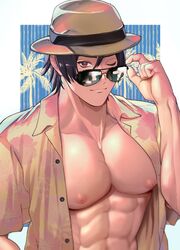 1boy abs ambush_(trap) black_hair glasses hat hawaiian_shirt looking_at_viewer male male_only manboobs muscles muscular_male nipples pecs red_eyes solo sunglasses timothy45468279 timothy_(yaiemu) wink