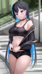 1girls bangs belly belly_button big_breasts black_hair blue_hair blunt_bangs blush breasts choker cleavage closed_mouth clothed curvaceous curvy curvy_figure cute earrings eye_contact eyebrows_visible_through_hair eyelashes feet_out_of_frame female female_focus female_only hair_between_eyes hi_res high_resolution highres hourglass_figure jacket jacket_off_one_shoulder large_breasts large_filesize light-skinned_female light_skin linea_alba long_hair looking_at_viewer midriff multicolored_hair navel oc original original_character purple_eyes shiny_hair shiny_skin short_shorts shorts sideboob skindentation smile solo solo_female sports_bra standing streaked_hair sweat tem10 thick_thighs thighhighs thighs thin_waist very_high_resolution very_long_hair wide_eyed wide_hips