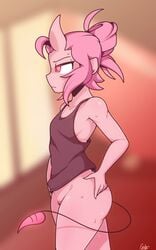 2020 bottomless carrie_(giidenuts) demon demon_tail female giidenuts hand_on_hip horns partially_clothed pink_eyes pink_hair pussy solo sweat tank_top