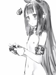 1girls armwear belly_button black_and_white blush breasts choker controller diadem doodle eyebrows_visible_through_hair female female_focus female_only flat_chest flat_chested gloves hololive hololive_english hololive_myth long_hair looking_to_the_side mole mole_under_eye nanashi_(nlo) ninomae_ina'nis nipples pointy_ears small_breasts tiara very_long_hair virtual_youtuber white_background