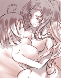 2girls abstract_background ahoge big_ass big_breasts blush cuddling female gebura_(lobotomy_corporation) heterochromia hi_res hod_(lobotomy_corporation) library_of_ruina lobotomy_corporation long_hair monochrome nude parted_bangs ponytail project_moon scars sepia symmetrical_docking yuri