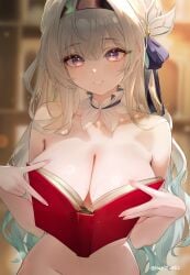 black_bow black_hairband blue_eyes blurry blurry_background blush boobs_in_book_(meme) book bow breasts collar collarbone completely_nude female fingernails firefly_(honkai:_star_rail) gradient_hair green_hair grey_hair groin hairband hairbow harin_05 highres holding holding_book honkai:_star_rail honkai_(series) large_breasts long_fingernails looking_at_viewer meme multicolored_eyes multicolored_hair nude out-of-frame_censoring pink_eyes smile solo stomach sweat twitter_username two-tone_eyes white_collar