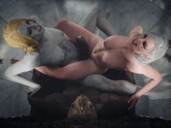 1boy 2girls 3d areolae artist_name baldur's_gate baldur's_gate_3 bisexual bisexual_female breasts canon_couple currysfm dame_aylin dark-skinned_male divine_slut double_tribadism_on_penis dungeons_and_dragons female forgotten_realms interracial isobel_(baldur's_gate) lesbian_conversion male nipples nude nude_female orientation_play penis scissoring tribadism tribadism_on_penis