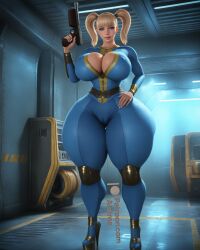 1girl 3d ai_generated alatrea bimbo blonde_hair blue_eyes bodysuit bottom_heavy cleavage clothed_female curvy fallout female gun high_heels hips_wider_than_shoulders holding_weapon huge_calves huge_hips huge_thighs large_breasts looking_at_viewer pinup solo_female thick thick_ass thick_calves thick_hips thick_legs thick_thighs tight_clothing twintails vault_suit voluptuous wide_hips wide_thighs