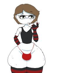 1boy belly big_bulge black_shirt bottom_heavy bottomwear brown_hair giant_ass giant_thighs glasses green_eyes holding_object pattern_clothing phone pixel_art raised_eyebrow red_panties simple_background simple_coloring simple_shading string_panties sweat sweatdrop thick_thighs thigh_highs thighhighs voluptuous voluptuous_male wet wet_body wet_skin white_skin wide_hips