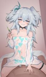 1boy assertive_female bare_shoulders black_choker blue_eyes blue_hair blush breasts choker clothed_female_nude_male cowgirl_position female fiftya florence_(girls'_frontline_2) girls'_frontline girls'_frontline_2:_exilium grin hair_between_eyes hand_on_another's_stomach hand_up happy_sex heart heart-shaped_pupils heart_print highres holding holding_syringe indoors long_hair male navel nude off-shoulder_shirt off_shoulder on_bed pa-15_(girls'_frontline) pa-15_(marvelous_yam_pastry)_(girls'_frontline) penis print_shirt see-through_clothes see-through_shirt sex shirt small_breasts smile solo_focus straddling straight symbol-shaped_pupils syringe thigh_strap uncensored white_shirt