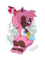 3:4 accessory amy_rose anthro armwear ass bracelet breasts brown_body brown_skin clothing elbow_gloves eulipotyphlan fangs feet female gloves gold_(metal) gold_bracelet gold_jewelry green_eyes hair_accessory hairband handwear hedgehog hi_res hindpaw jewelry kneeling mammal mostly_nude_female paws pink_body sega solo sonic_(series) sonic_the_hedgehog_(series) spindasher98 tail teeth