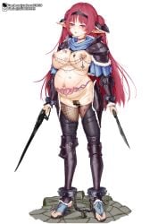 arm_armor armor armored_boots bare_shoulders boots breasts clitoris clitoris_piercing collar cuffs dagger dual_wielding earrings elf female full_body highres holding jewelry knife large_breasts mind_control nipple_chain nipple_piercing nipple_rings nipples nude original parted_lips piercing pink_eyes pointy_ears pregnant pubic_tattoo pussy_piercing red_hair sandals shackles shoulder_armor simple_background solo standing tattoo twintails weapon white_background yakou_(4507770)